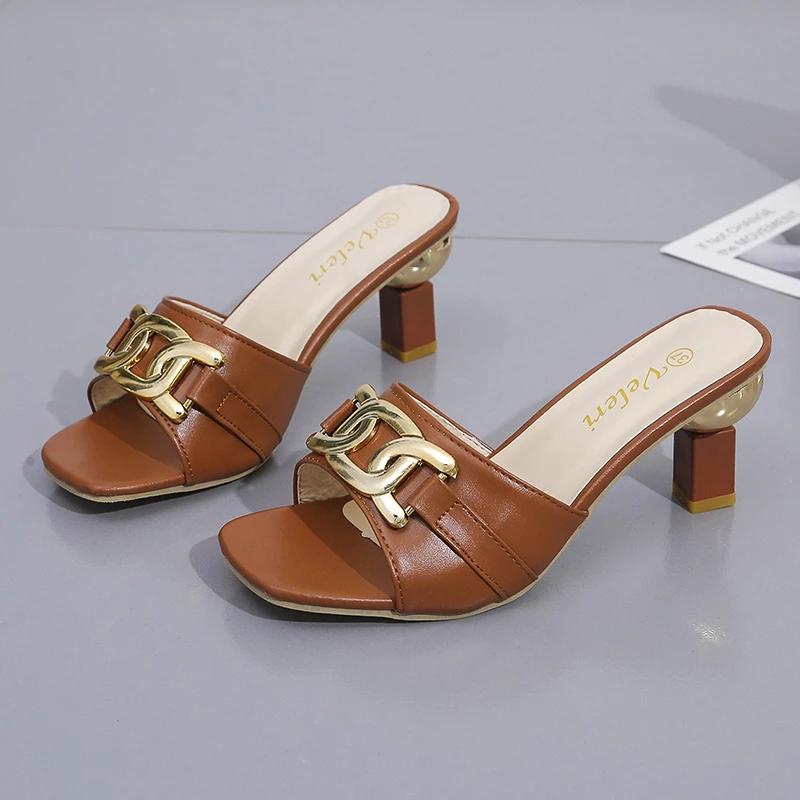 Summer Women's Slippers Sandals Shoes Female Golden Metal Chain Ladies Fashion Casual Slides Mules  Indoor Zapato Mujer
