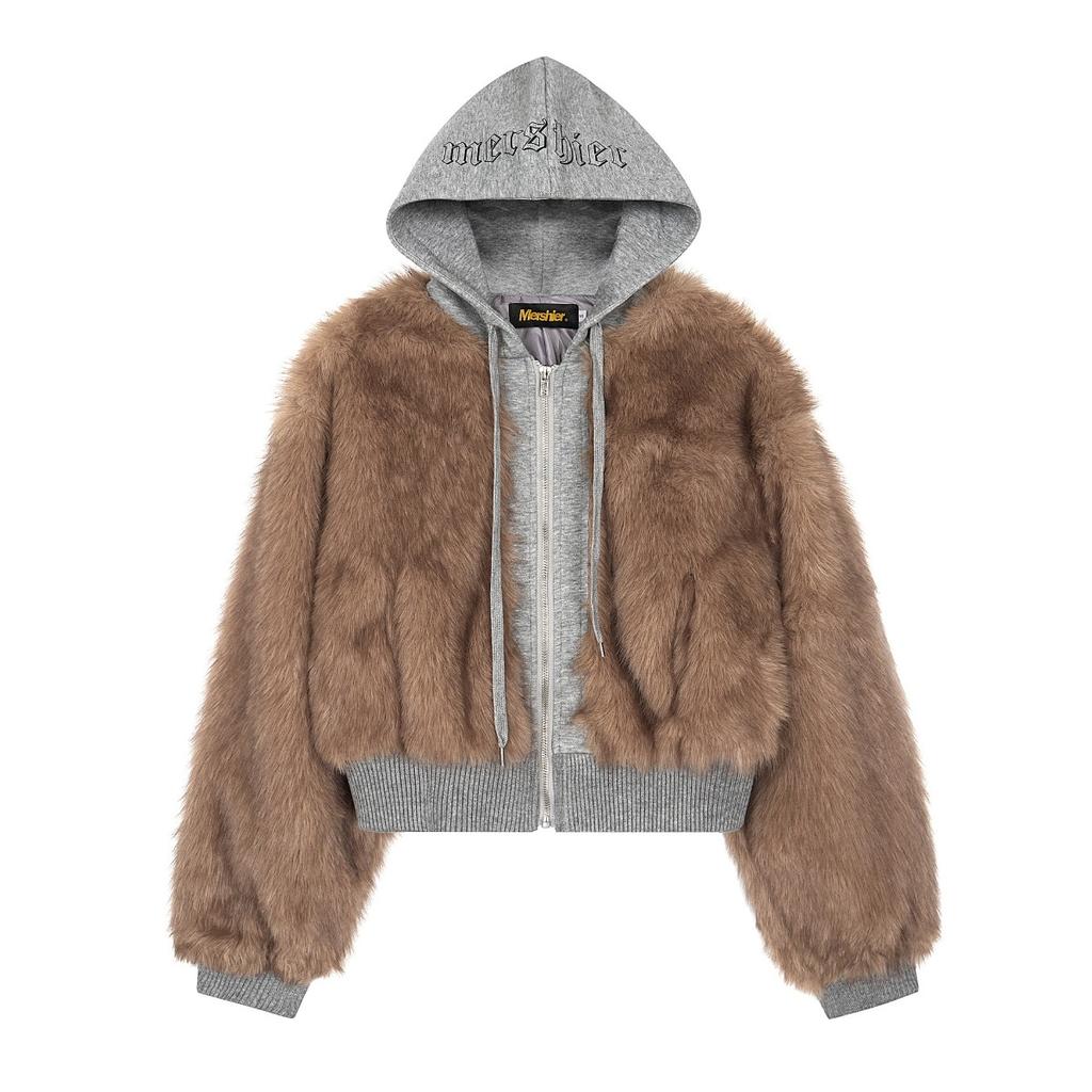2KWEIRD Faux Fur Jacket Plush Hooded Sweatshirt Loose Thicken Hoodies Outerwear Top Women's Winter Fur Coat