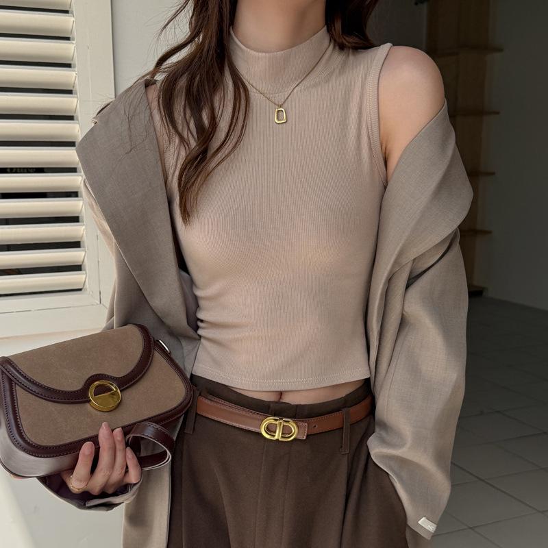 Damen formendes Tencel Tanktop mit halbem Stehkragen - Gebürstete gerade Schulter Basis-Top für Herbst/Winter