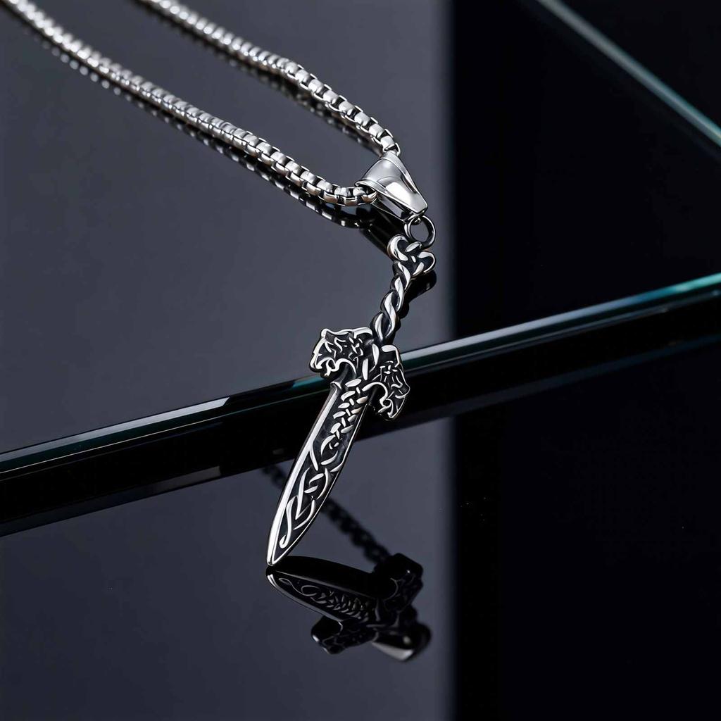 Fashion Retro Nordic Celtic Knots Rune Sword Pendant Stainless Steel Necklace for Men, Vintage Punk Jewelry Gift