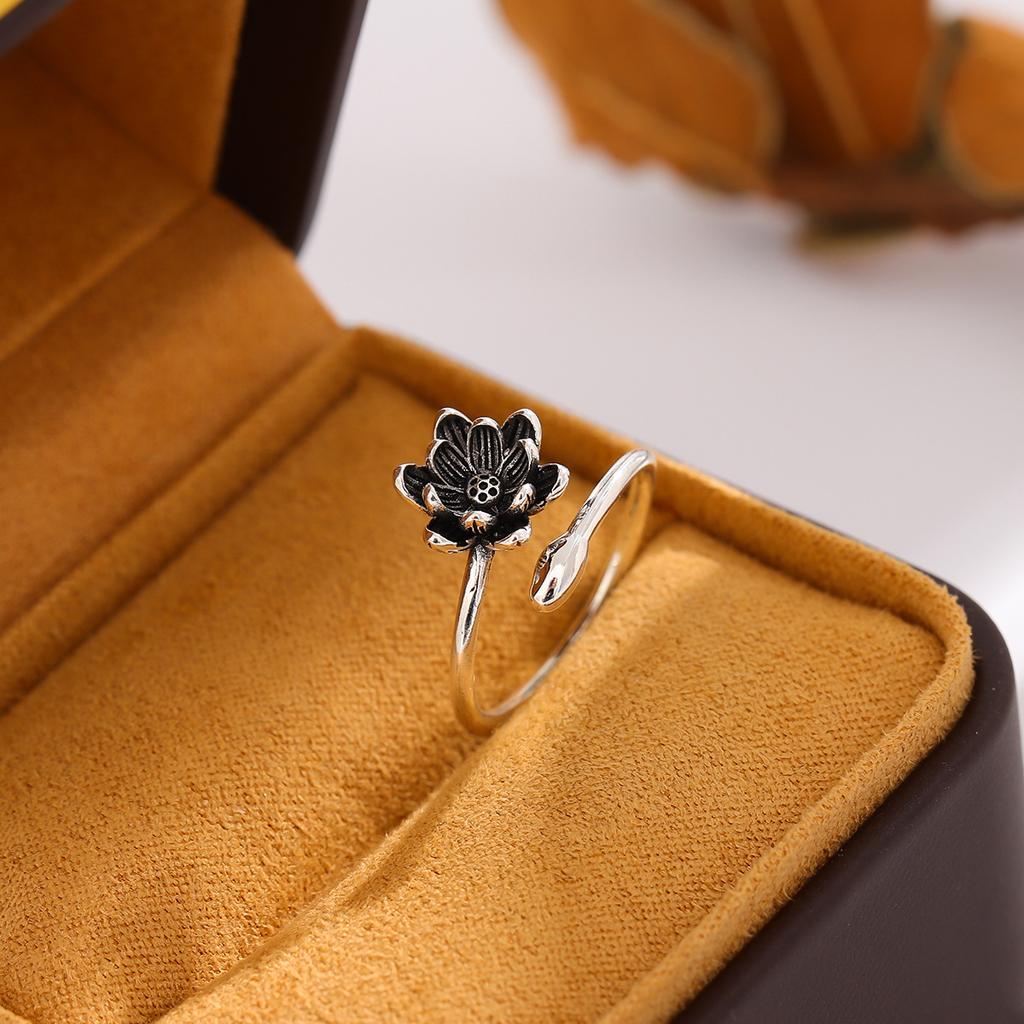 New Retro Lotus Simple Ethnic 925 Sterling Silver Jewelry Temperament Flower Lotus Opening Rings R107