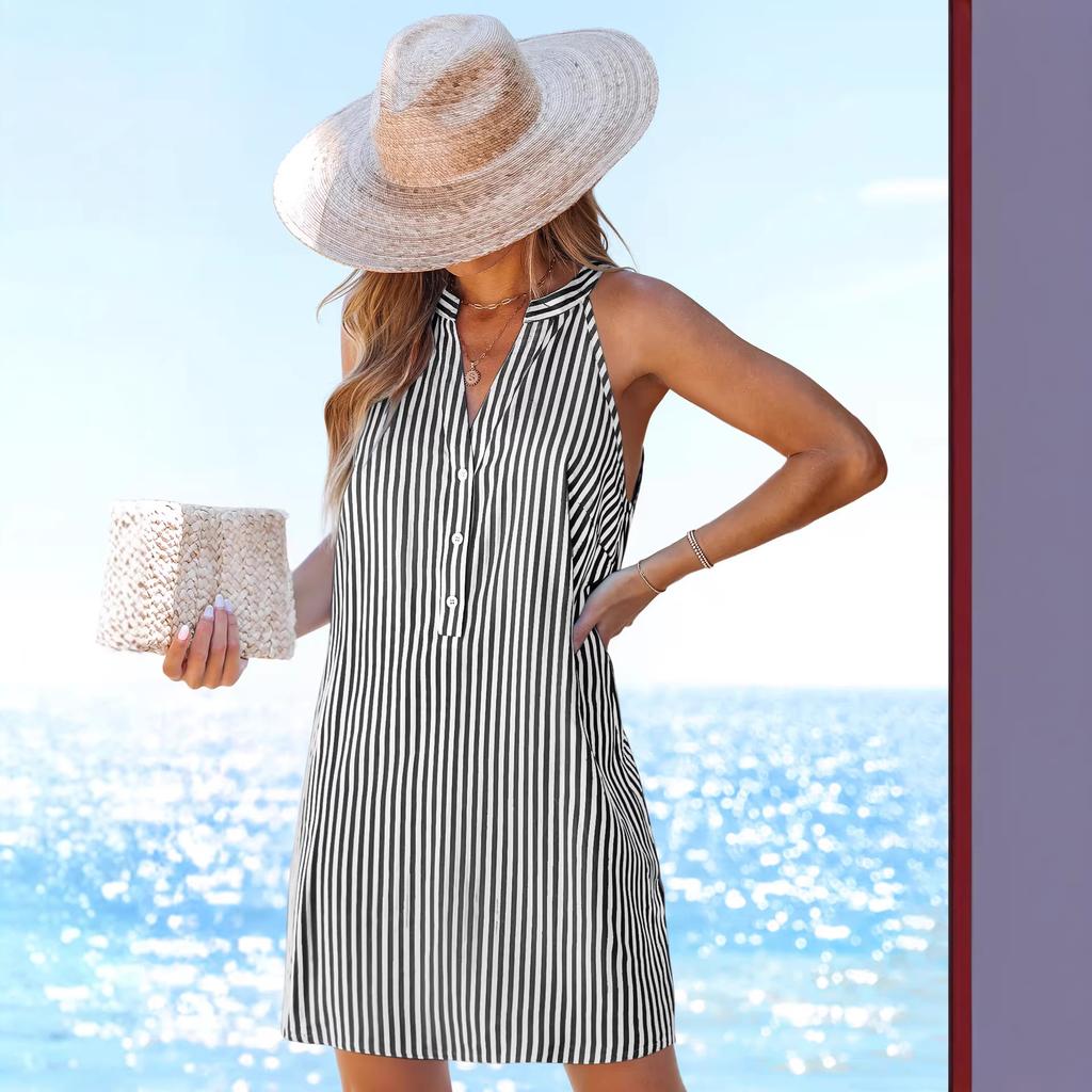 European and American fashion skirts, fresh stripes, contrasting colors, loose waist and thin V-neck button sleeveless dress