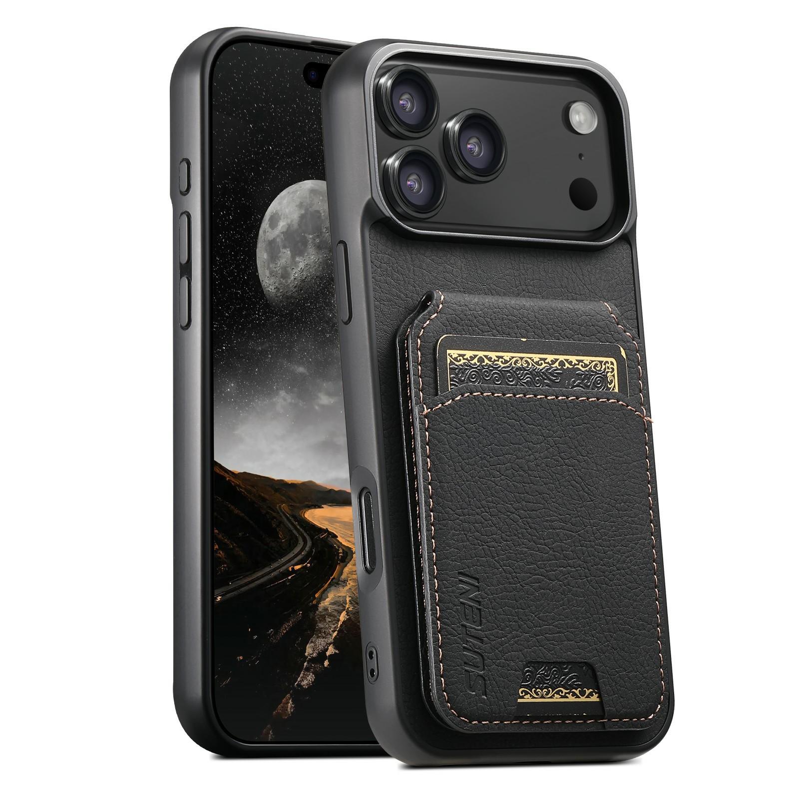 

SUTENI H02 For iPhone 17 Pro Case Card Slots Kickstand Litchi Texture Leather + TPU Cover A