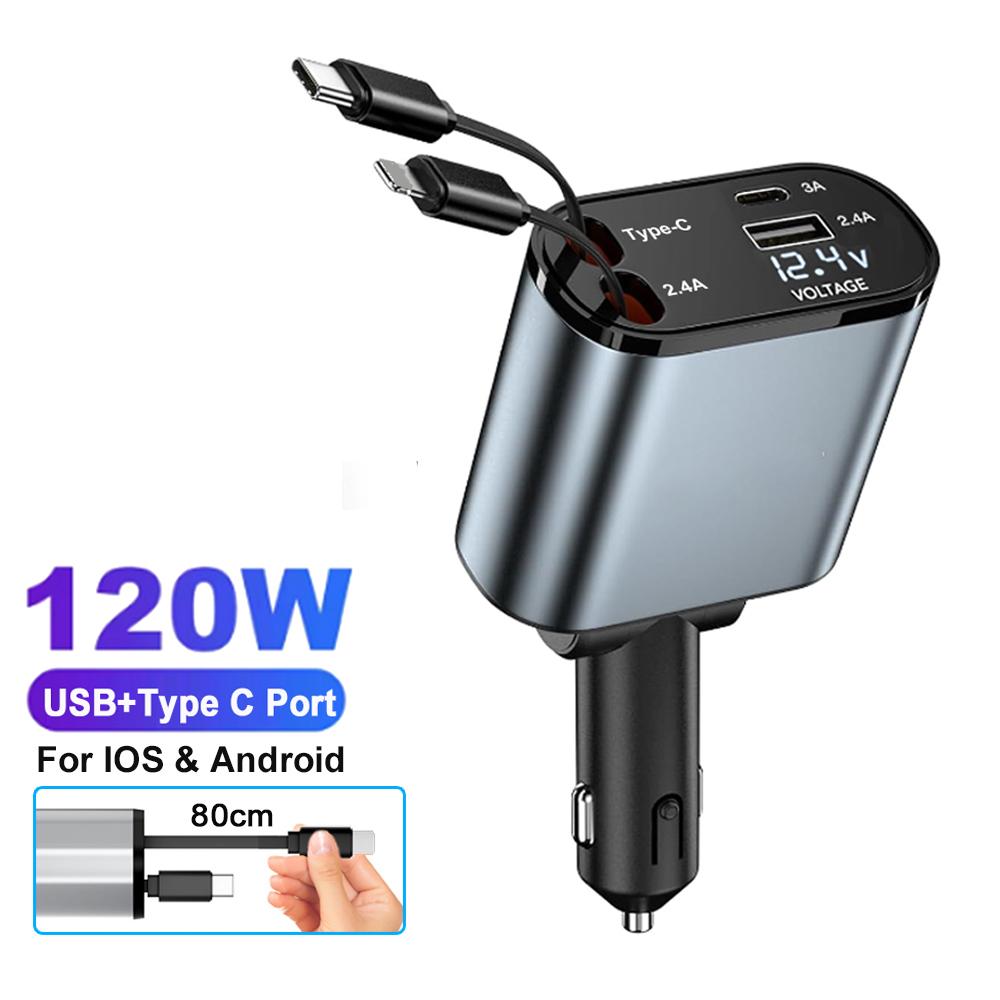 4 IN 1 Quick Phone Charger 120W Max USB Type C PD30W with 2 Retractable Cables Voltage Display Car Phone Power Adapter