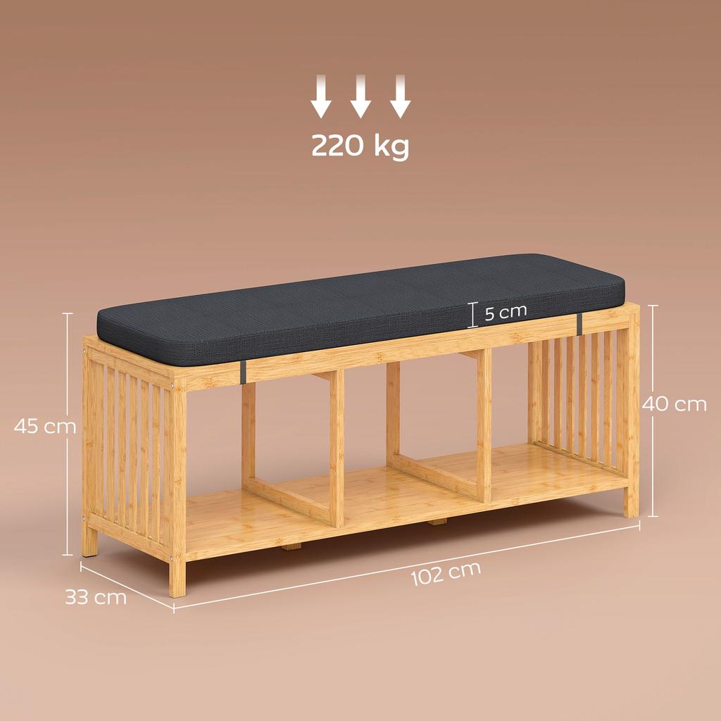 Bamboo Shoe Bench Hallway Bench With Padded Seat Cushion And Open Shelf Natural Wood Look