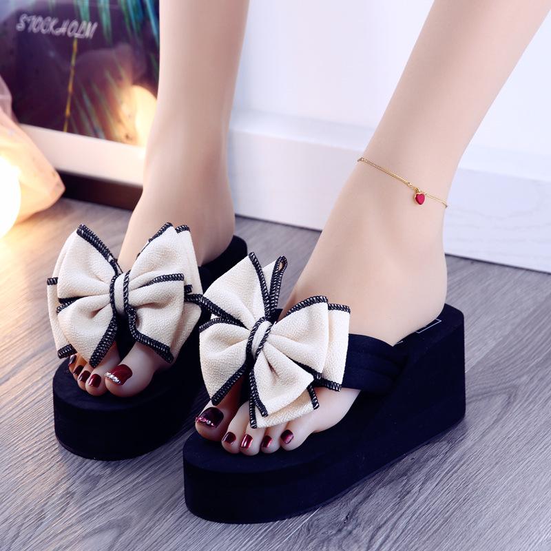 2025 new daily wedges platform slippers woman bow flip-flops lovely butterfly-knot slides female vacation beach flipflops