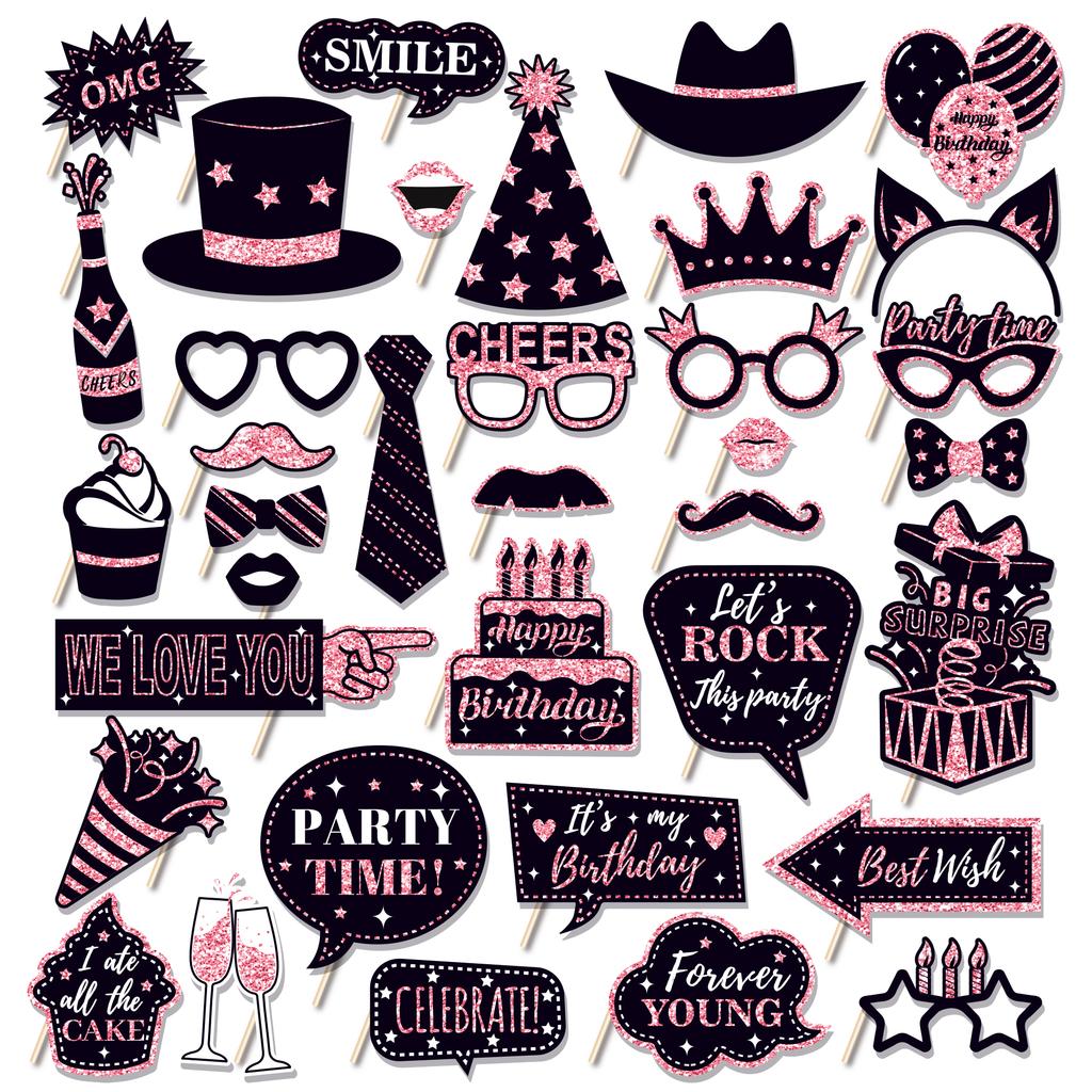 36pcs Happy Birthday Party Photo Booth Props Shimmer Powder Funny Glasses Lips Hat DIY Photo Shoot Prop Photobooth Accessories