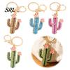 Elegant Key Holder Bling Rhinestone Cactus Keychain, Pink Flower Golden Plated Keyring Pendant, Handbags Backpacks Purse Charm Accessory Decorative