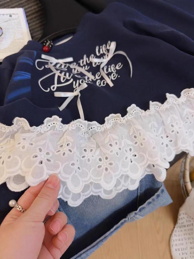 Herbst-Spitzen-Schleife Mädchen Langarm Koreanischer Stil Sweatshirt