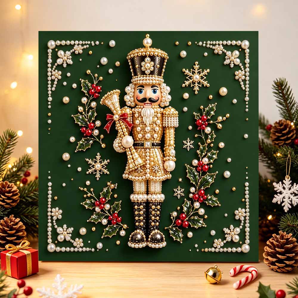 DIY Framed Pearl Painting Kit with Christmas Nutcracker Pattern 5D Sparkling Bead Art Canvas Ready to Display Home Decor Gift Idea