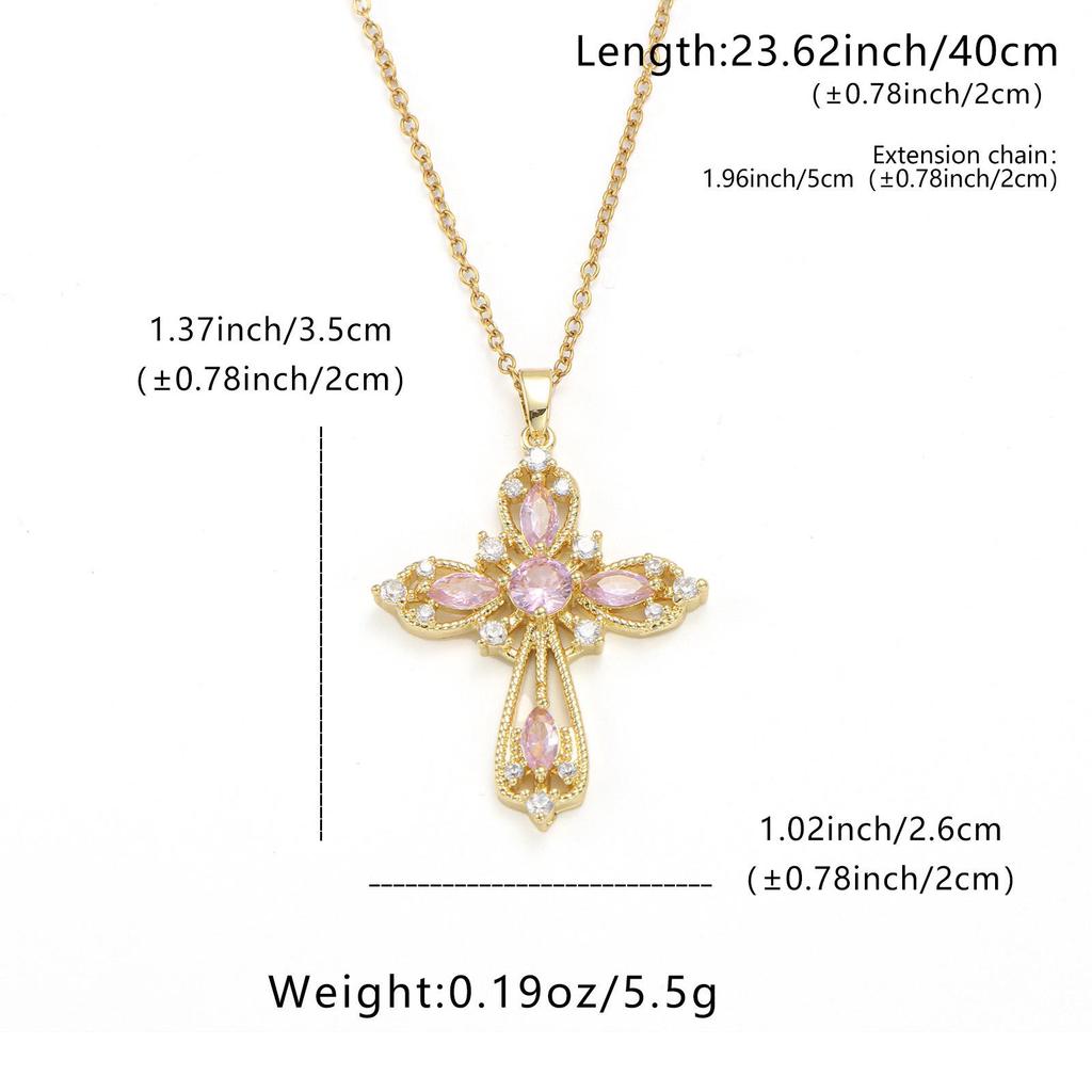 Pink Zircon Four-Petal Flower Cross Gold-Plated Necklace