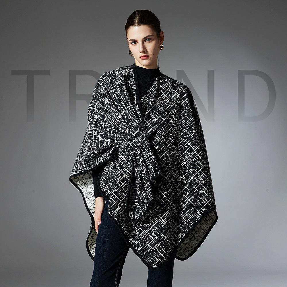 Women Plaid Reversible Poncho Cape Coat Open Front Cardigan Shawl Wrap Warm Thick Knit Shawl for Fall Winter