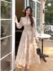 Coffee break French floral chiffon dress women's long models early and early autumn new models super good-looking waist long dress