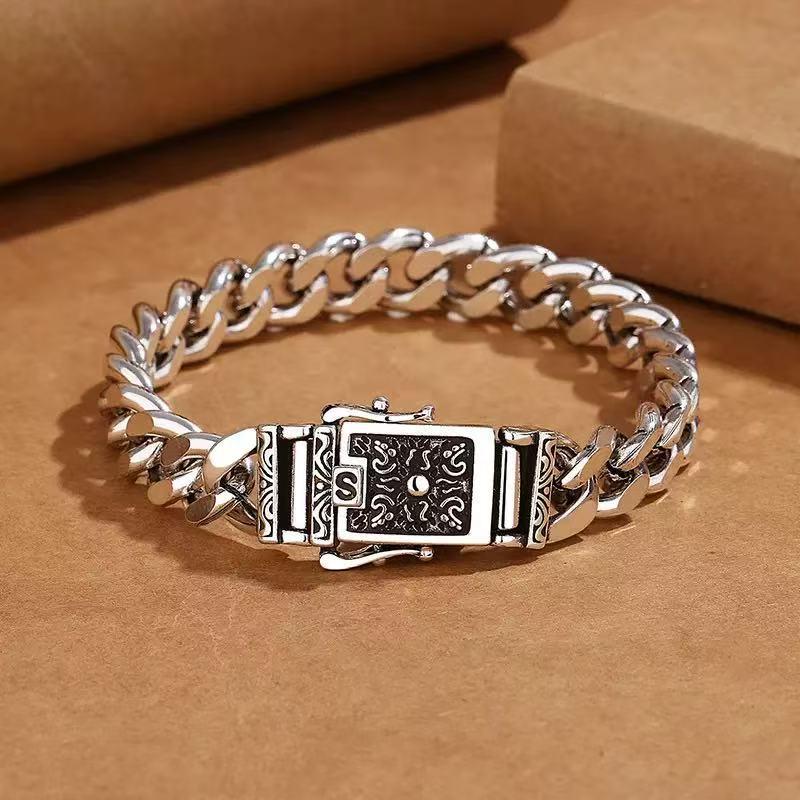 Men's Domineering Retro Thai Silver Bracelet with Polished Pattern Clasp