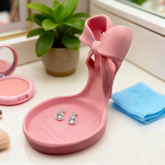 Pink Stiletto Jewelry Tray 3D Printed High Heel Jewelry Dish with Bow Women Ring And Earring Holder Jewelry Display Stand for Bedroom Vanity Table