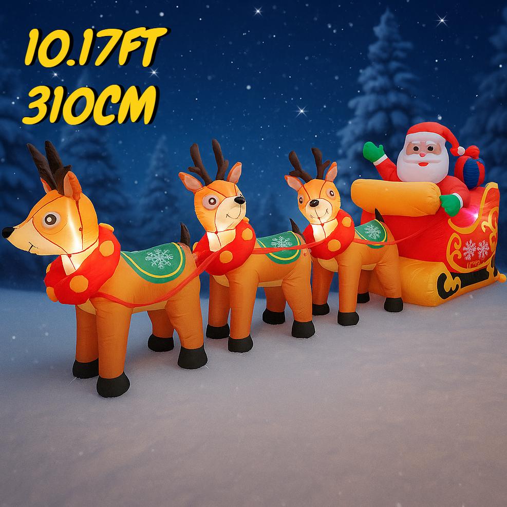 10.17FT Inflatable Santa Claus Sleigh Reindeer Toy LED Lit Festive Gift Christmas Home Ornament Xmas Yard Party Decoration