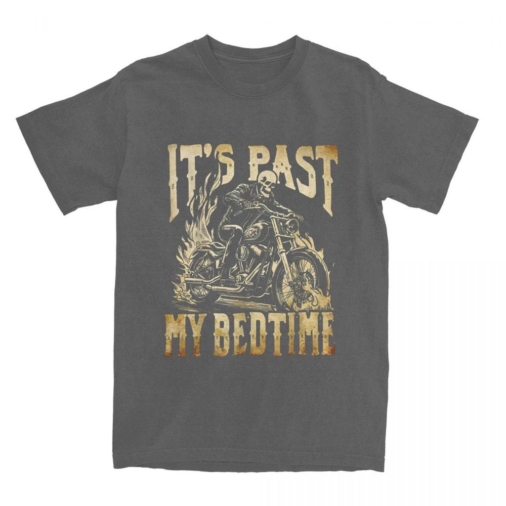 Funny Skeleton Motorcycle Its Past My Bedtime Meme Halloween T Shirt Y2K Cotton Cool Tee Shirt For Men's Short-Sleeve Tees