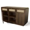 Chest Sideboard 120cm Walnut, with Rattan and Gold Handles, 3 Drawers + 2 Cabinets + Open Shelf, Height-Adjustable Shelves, H85/W120/D40 Cm
