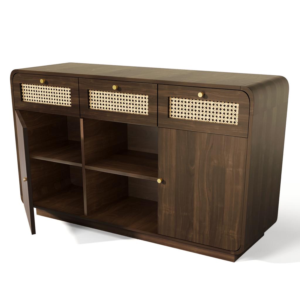 Chest Sideboard 120cm Walnut, with Rattan and Gold Handles, 3 Drawers + 2 Cabinets + Open Shelf, Height-Adjustable Shelves, H85/W120/D40 Cm