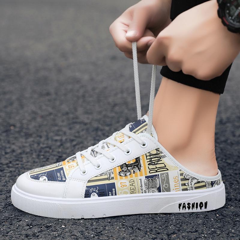 Closed Toe Sandals Half Shoes For Men Mules Canvas Flat Board Shoes Backless Loafers Slippers Man Slides Semi-Drag Casual Shoes