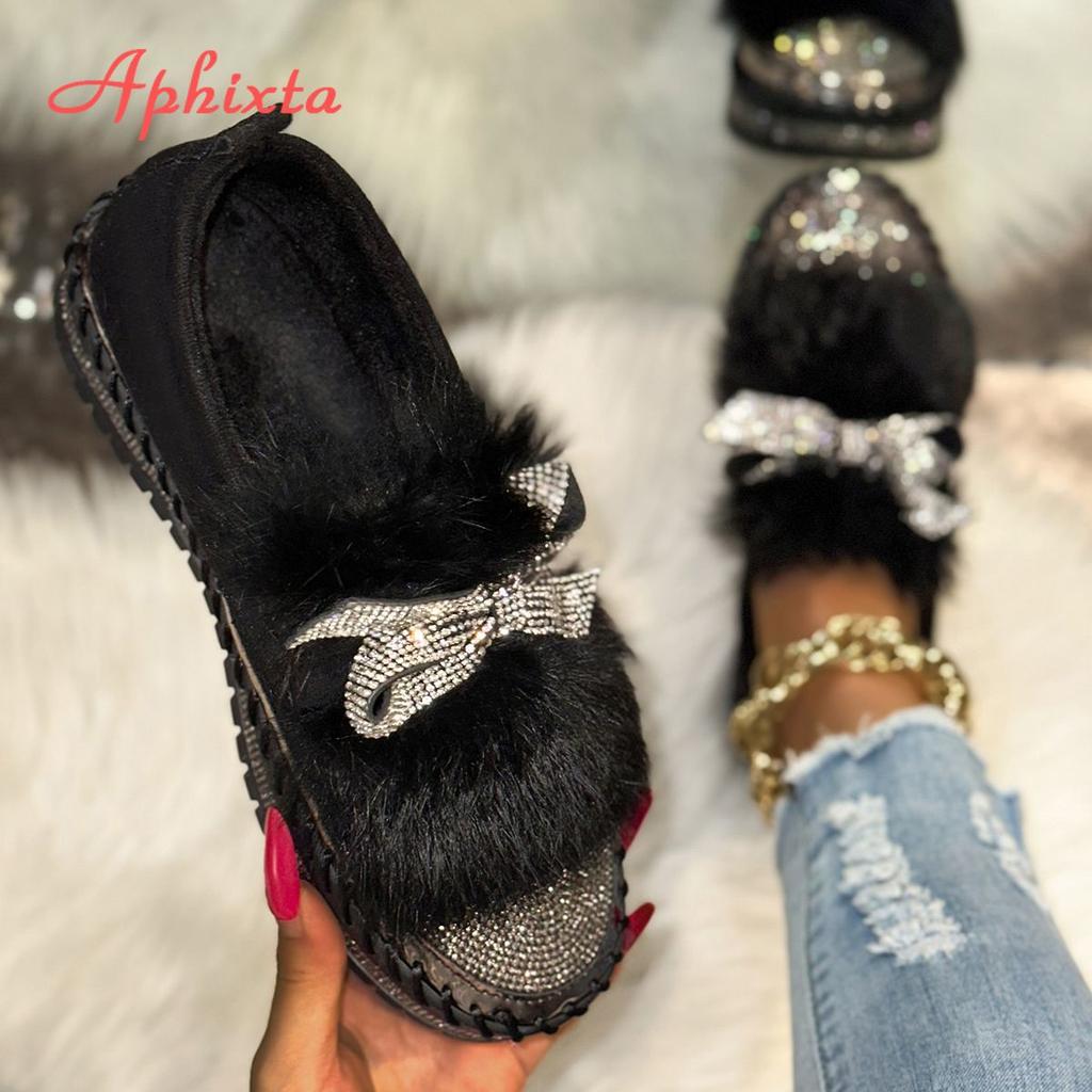 Aphixta Furry Crystal Bow Dec Women's Casual Shoes 3cm Flat Platform Loafers Short Plush Warm Autumn Winter Woman Flats Size 43