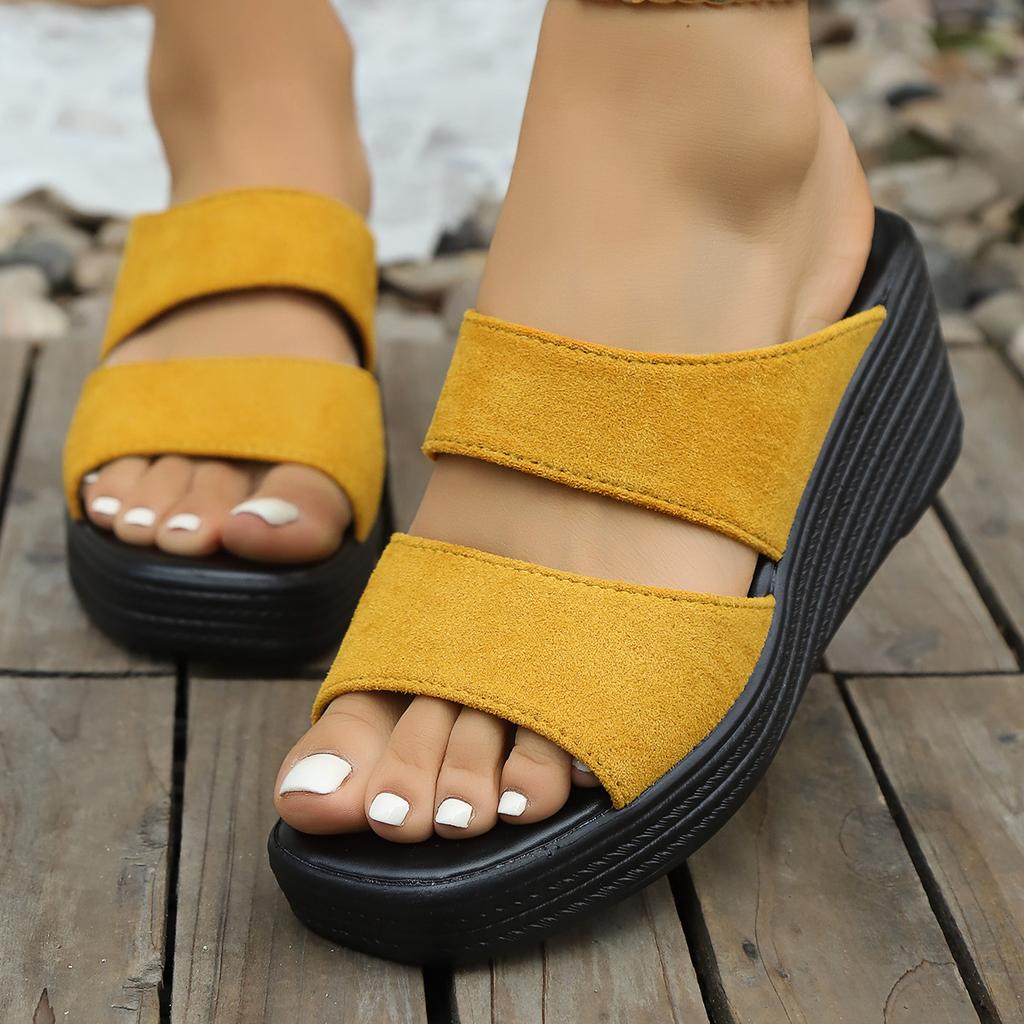 2025 Summer New One-word Sandals Women's Solid Color Large Size Casual and Comfortable Medium Slope Heel Women's Slippers Batch
