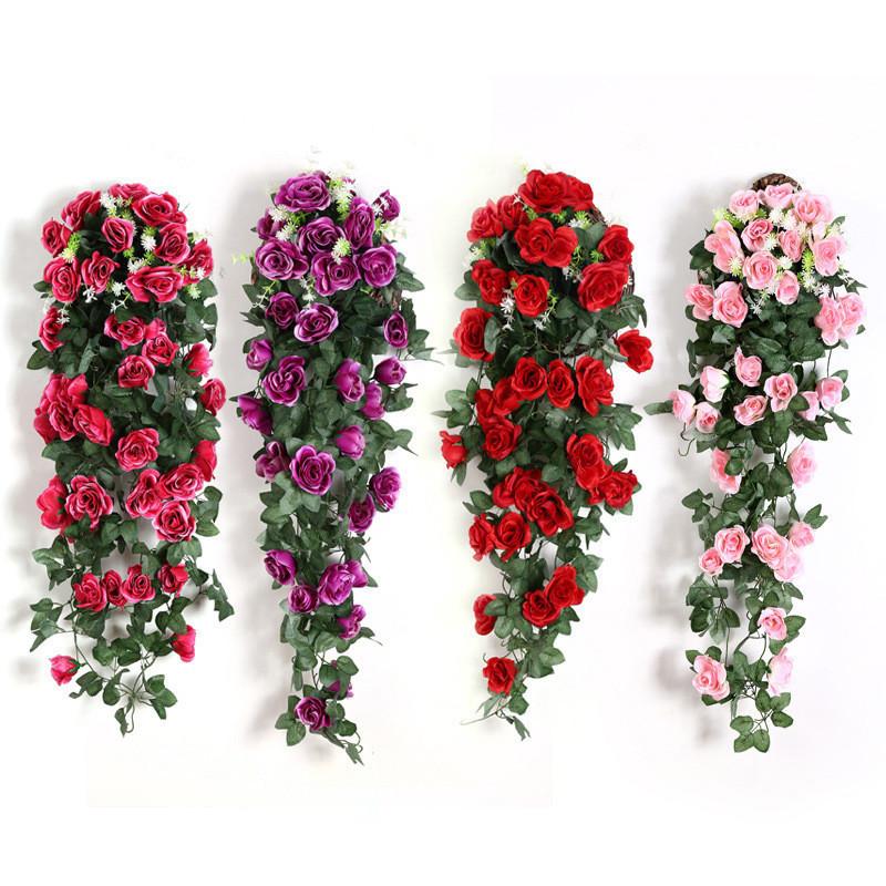 2Pcs Artificial Flowers Rattan Fake Plants Vine Decor Celebration Wall Hanging Rose For Home Wedding Decorative Wreath Accessory