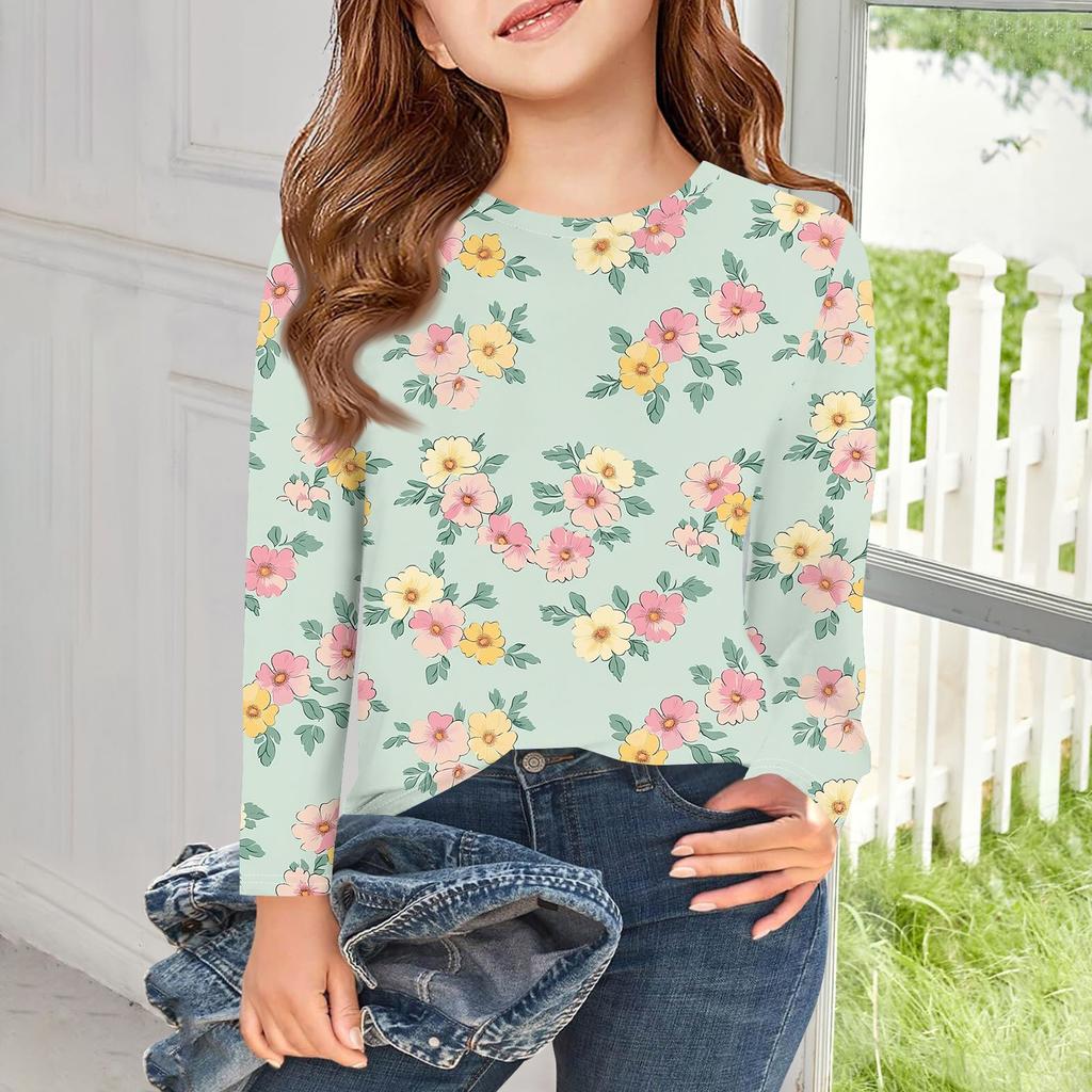 Meninas Camisetas de manga comprida Crianças Outono Tops Crewneck Impresso Camisetas básicas 5-14Y