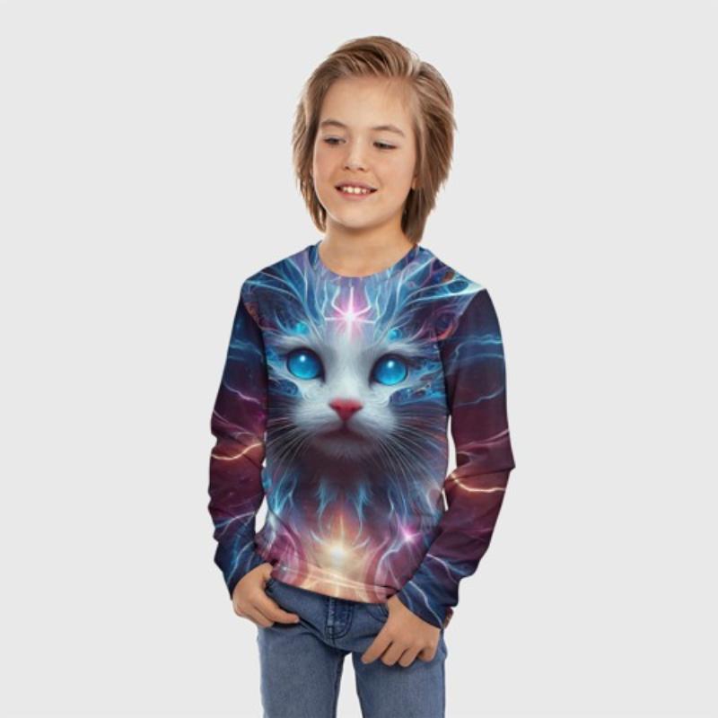 Children's Cartoon Kitten Print Color Painting T-shirt Boys Cute Long Sleeved Soft Comfortable Top