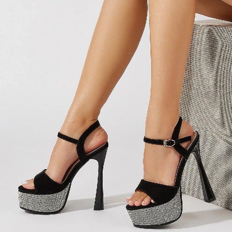 

Eilyken/летние сандалии на платформе со стразами и кристаллами для женщин, модные вечерние модельные туфли на очень тонком высоком каблуке с открытым носком