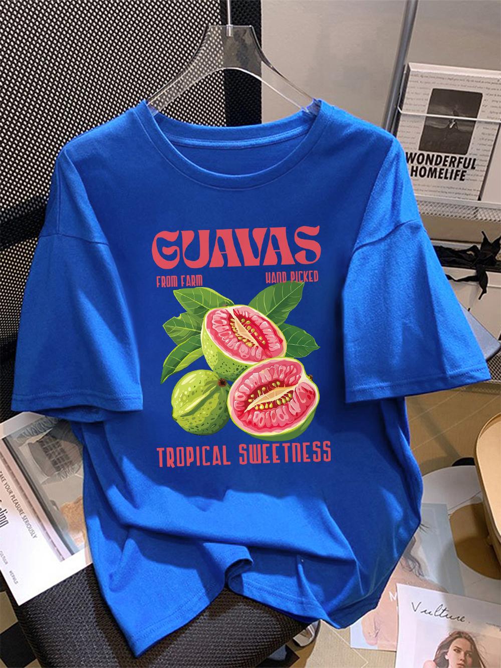 

Summer Cotton T-Shirt Women Guavas Fruit From Farm Hand Picked Printing T Shirt Loose O-Neck Soft Tops Casual Womans Clothes S