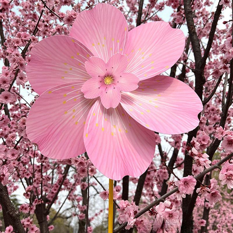 1x Pink Cherry Blossom Windmill Stake Standing Lawn Cherry Flower Pinwheel Rotating Peach Blossom Wind Spinner Garden Decoration