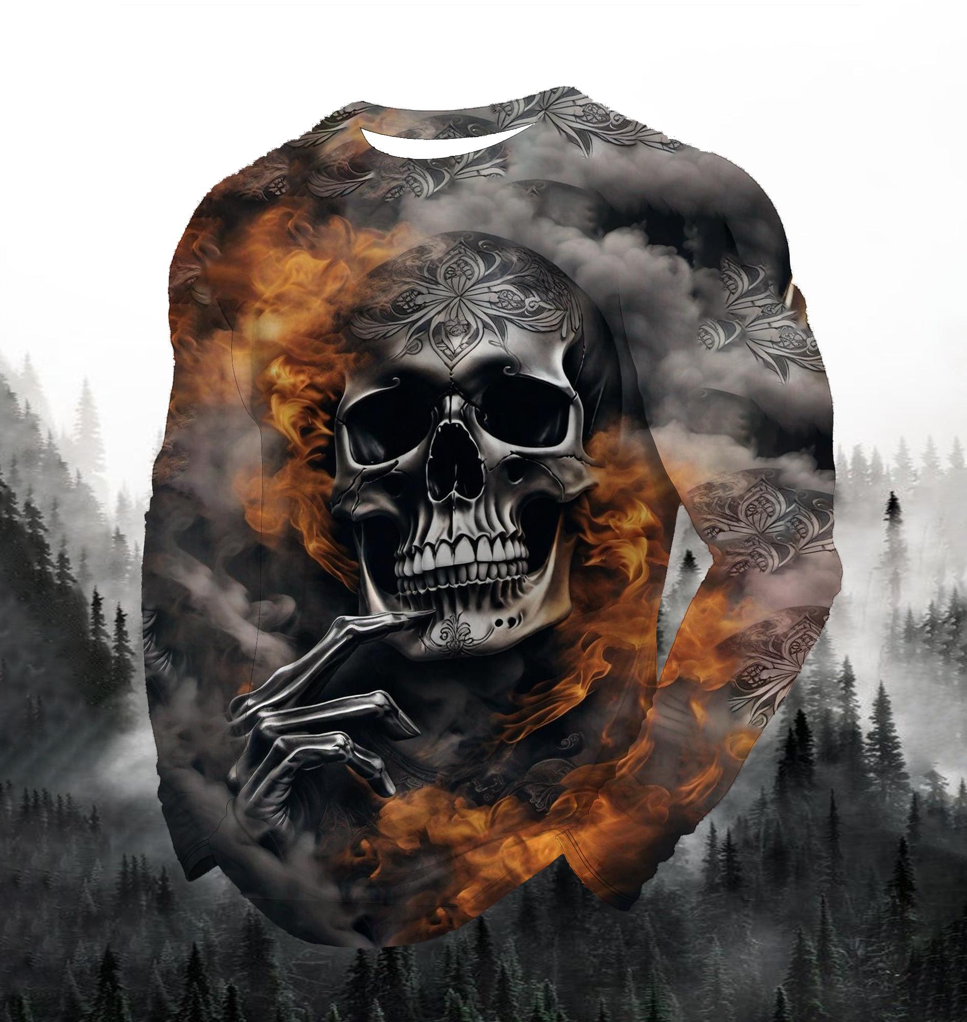 

Мужская уличная футболка с длинным рукавом с рисунком ужаса и черепа на Хэллоуин, весна и осень, 3D-принт, модные свободные мужские повседневные топы 5XL