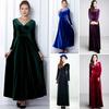 Women Evening Dress Golden Velvet V Neck Pleated A-line Pure Color Long Sleeves Full