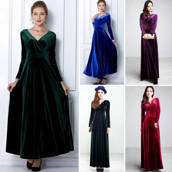 Women Evening Dress Golden Velvet V Neck Pleated A-line Pure Color Long Sleeves Full