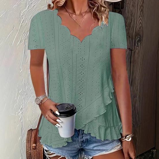 Women Tops V-Neck Short Sleeve Jacquard Decoration Pure Color Loose Fit Pullover Tops Work Party Vacation Casual