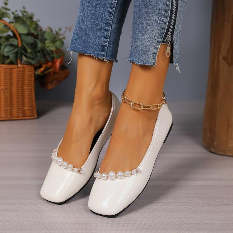 Women Square‑Toe Pearl Mary Jane Flats Soft Leather Ballet Shoes