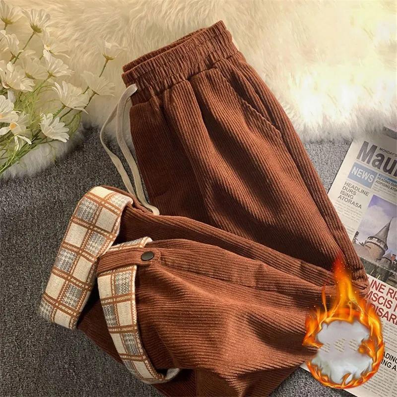 Plus Size Loose Thicken Corduroy Pants Women Fall Winter Warm Velvet Wide Leg Straight Pants Baggy Casual Trousers