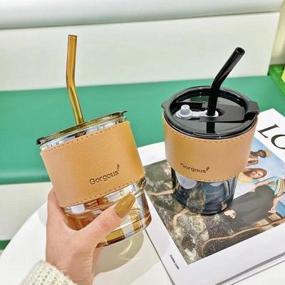 Bicchieri da Caffè 450ml Resistenti al Calore Copertura in Pelle Tazza in Vetro Tazza per Acqua Tè Vino Bicchieri per Bevande Tumbler con Coperchi Cannuccia