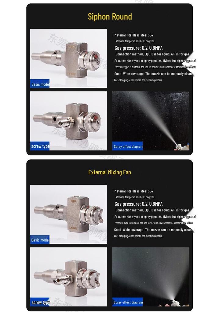 Stainless Steel Self-Cleaning Dual-Fluid Anti-Clog Air Atomizing Nozzle for Humidification and Dust Removal.