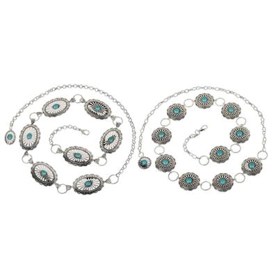 Ethnic Style Metal Belt for Women Ladies Dress Belt with Carved Turquoise Buckle Female Prom Party Dress Waist Rope