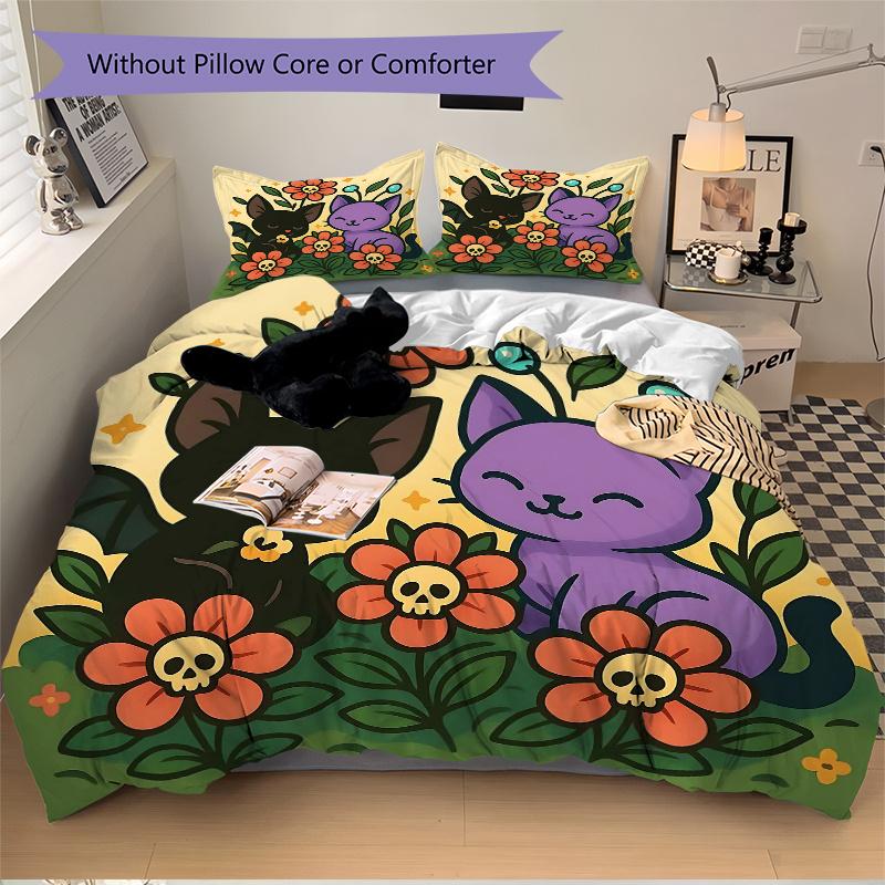 3pcs Purple Cat & Black Bat Cute Cartoon Quilt Cover Set (1 Quilt Cover + 2 Pillowcases Without Pillow Core), High-Definition Printing for Home a