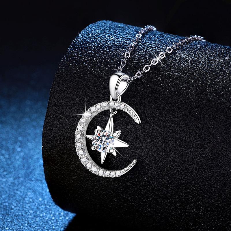 Real Moissanite Necklace for Women Sterling Silver Moon Star Diamond Pendant Necklace Bridal Fine Jewelry