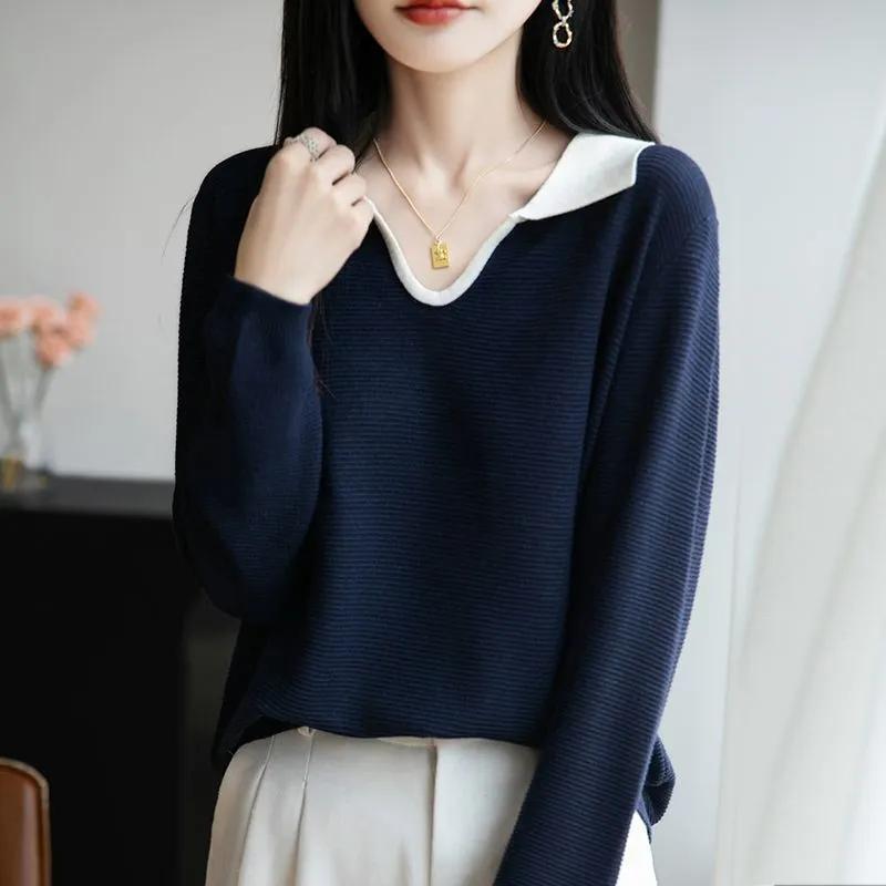 Knitwear Spring/Autumn Korean New All Match Fashion V-neck Long Sleeved Loose Shirt Temperment Top