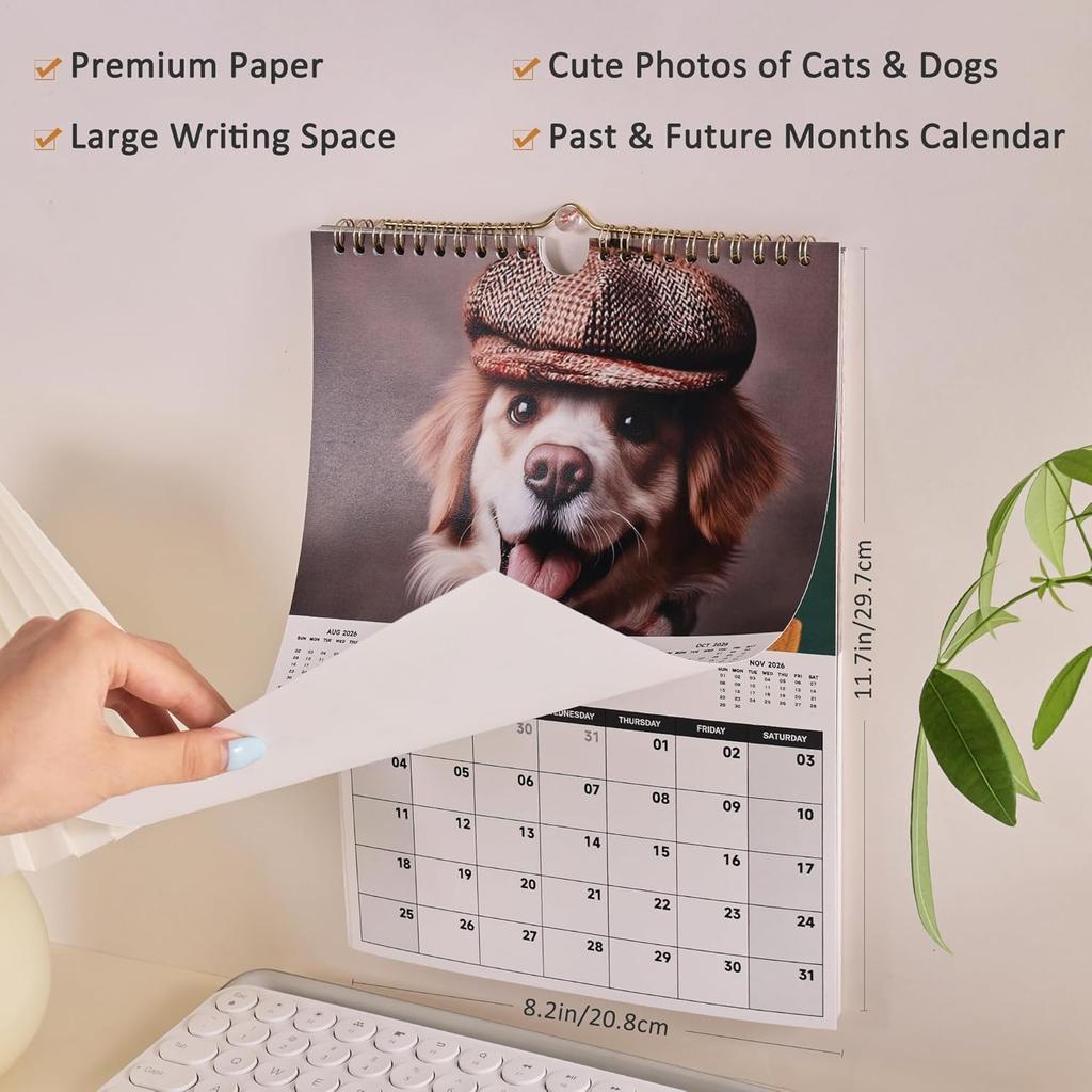 2026 Wall Calendar, 12 Months Cute Cat & Dog Pet Calendar 2026 Monthly, 8.2 x 11.7 inch, from Jan 2026 - Dec 2026, Thick & Sturdy Paper with Hanger,