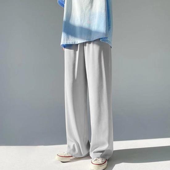 Summer Men Pants Solid Color Elastic Waist Anti-wrinkle Draping Wide Leg Trousers Streetwear