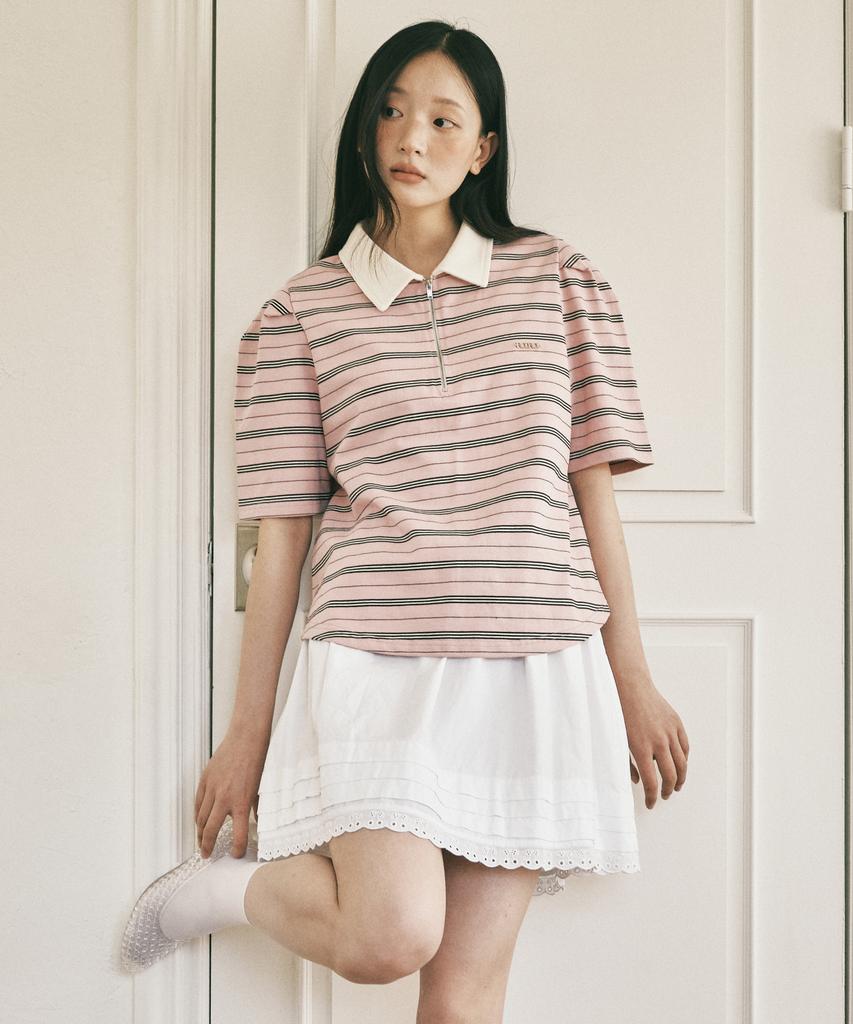 ROIROI Volume Sleeve Striped Collared Short Sleeve Tee - Pink