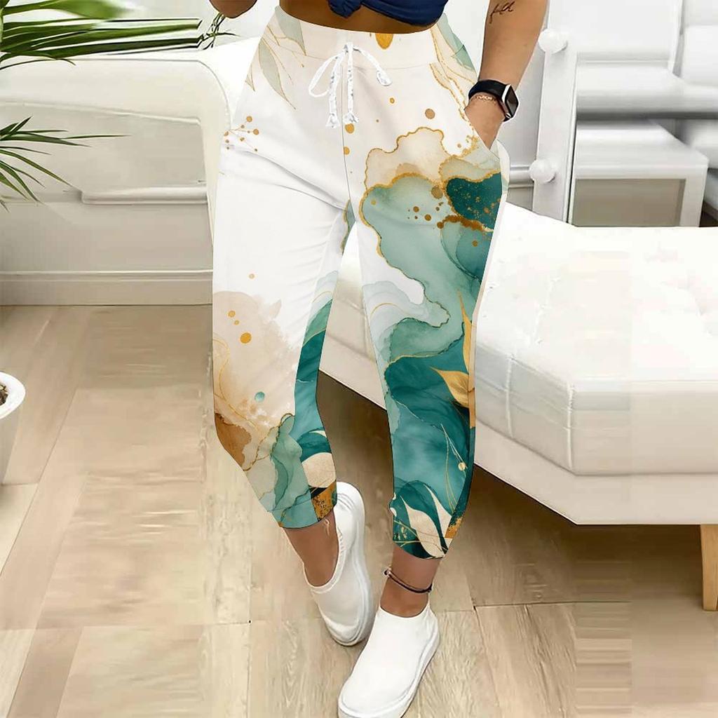 Women Plus Size Blue Gold Marble Printed Drawstring Waist Side Pockets Cuffed Ankle Jogger Pants