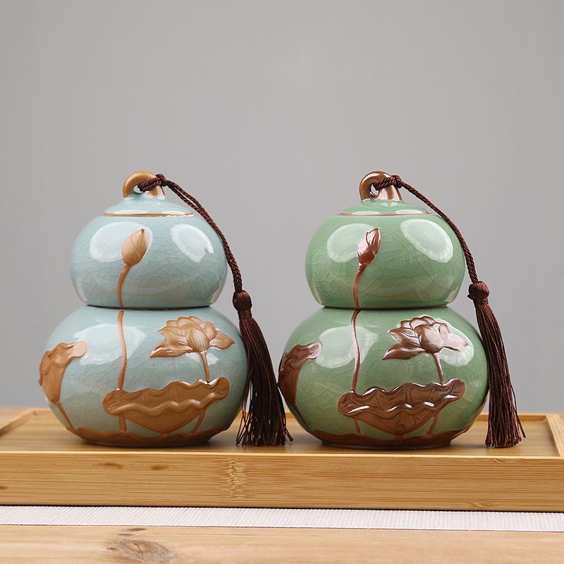 Ru Kiln Ceramic Gourd Tea Canister - Moisture-Proof Storage for Pu'er Tea, Gongfu Tea Set Container