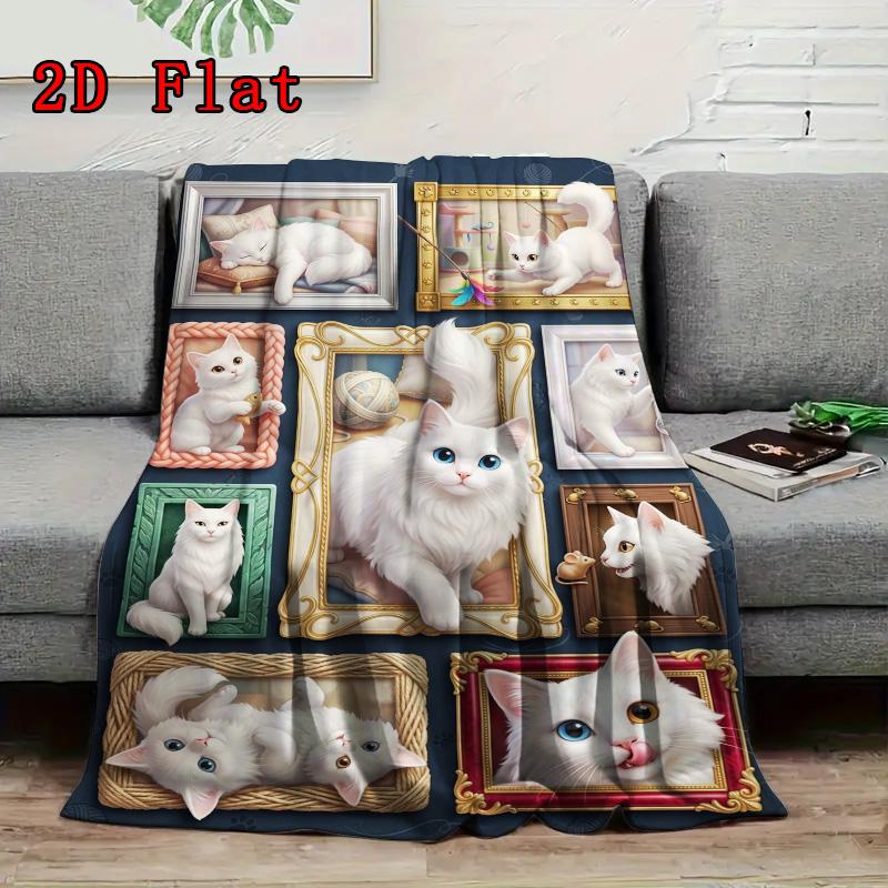 White Cats Collection 2D Flat Pattern Flannel Blanket, High quality All Seasons, Home Decor, Warmth and Comfort, Perfect for Christmas Gifts.
